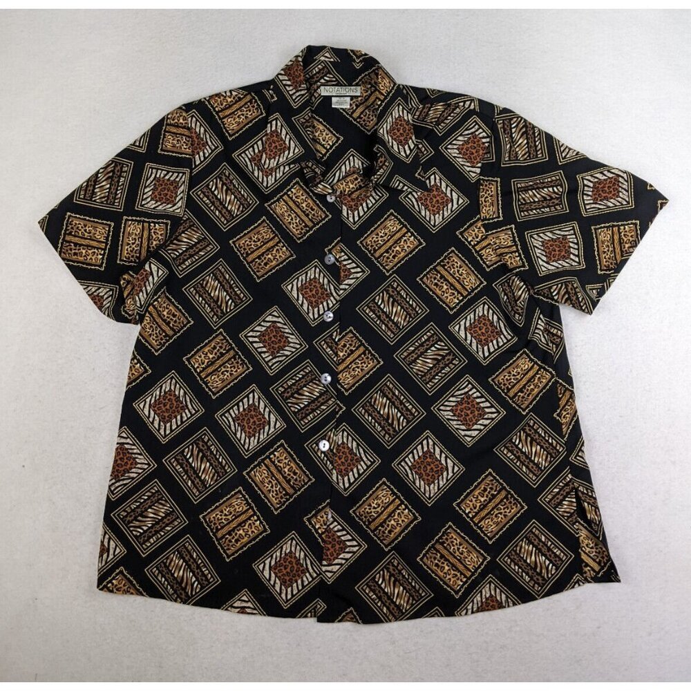 Notations Women's Shirt Black Animal Print Short Sleeve Button-up Top Size 16W